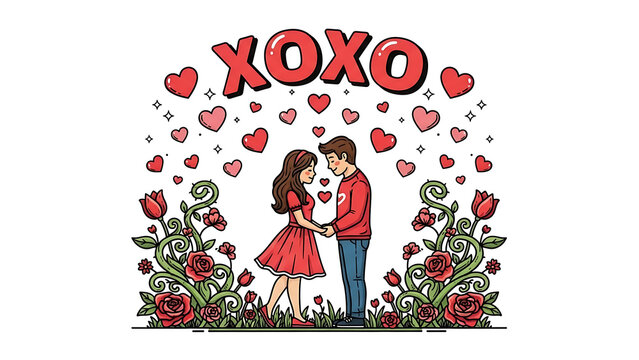 Valentine's day couple in red floral pattern, xoxo text isolated on a transparent background