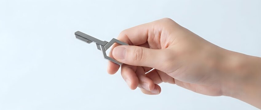 Hand holding a modern gray metal multitool key with geometric design, isolated on white background. Everyday carry EDC gadget concept.