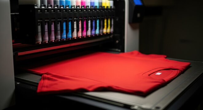 Industrial digital textile printer printing a bright red cotton t-shirt on a flatbed machine