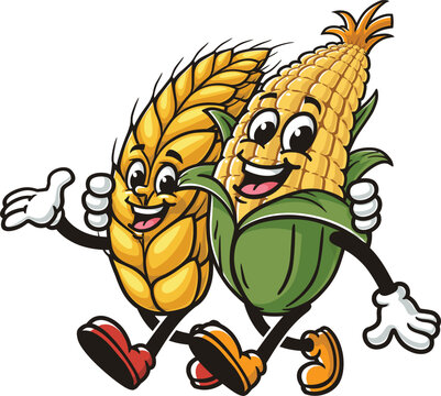 Cartoon mascot of corn and wheat walking together
