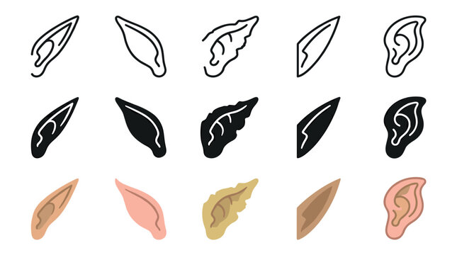 Fantasy elf ears and human ears vector icon set showcasing various styles and shapes for character design and mythical creature illustrations.