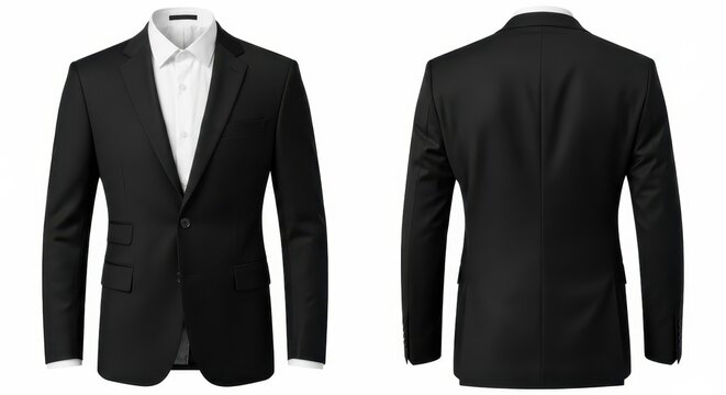 Front and back view of a formal black suit jacket with a white shirt on a white background