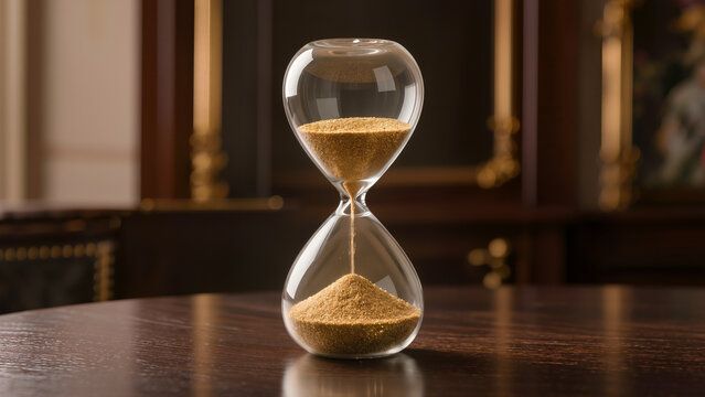Hourglass with accumulating golden sand, concept of wealth and time management.