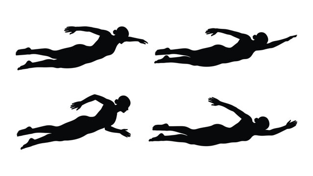 Swimmer silhouettes in various freestyle swimming poses black on white high quality