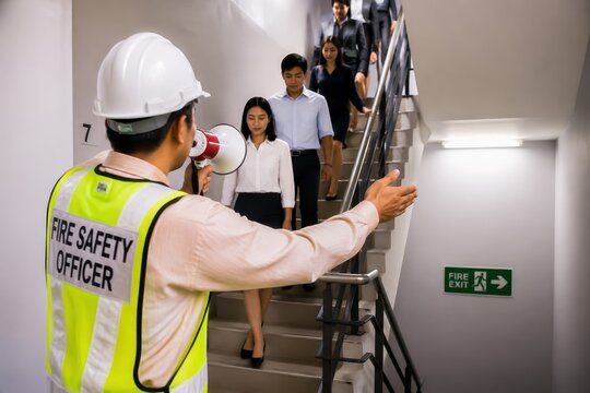Fire safety officer guiding employees during evacuation drill on office building stairs.