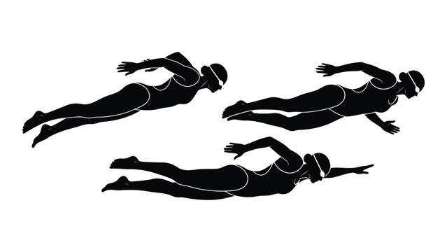 swimmer silhouette three figures in freestyle swimming pose black and white