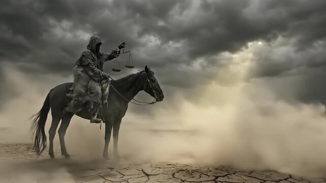 Rider on black horse holding scales in barren desert. Character representing famine or judgment under dramatic cloudy sky with light beam. Biblical apocalypse.