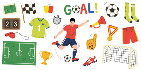 Soccer elements in cartoon doodle style. Sports equipment, soccer ball, sport uniform, soccer shoes, ball, soccer field. Sport stickers, labels, icons © Алла Машичева