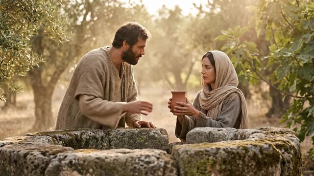 Jesus Christ offers a cup of water to a woman at a stone well. Biblical scene of grace and kindness in an olive grove. Religious historical reenactment story.