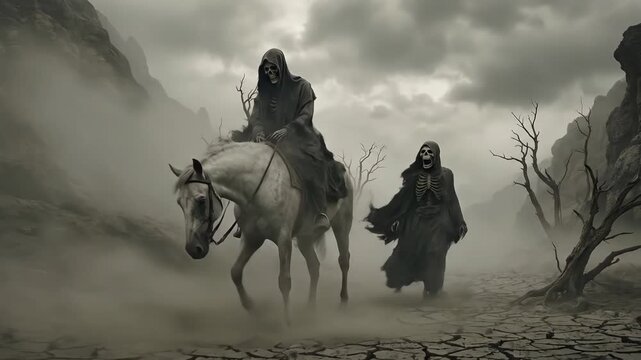 Grim reaper riding horse through desolate landscape. Skeleton in robe walking behind in dry wasteland. Apocalyptic scene reflecting biblical judgment and death.