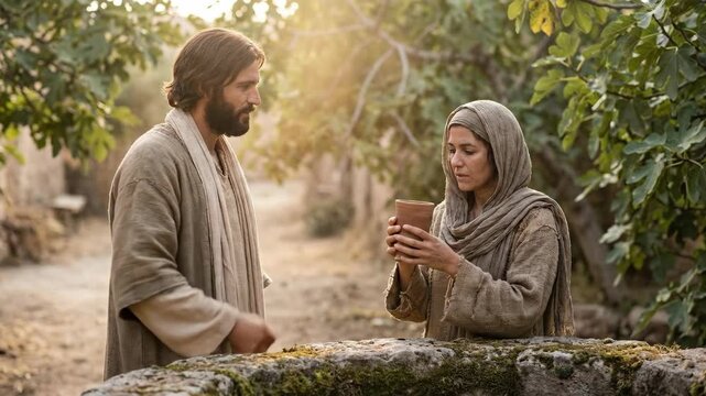 Jesus christ and samaritan woman by well. Biblical scene of man giving cup to woman. Religious narrative of kindness, spirituality and ancient tradition concept.