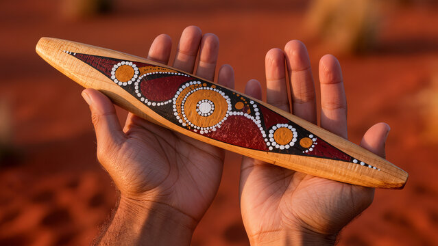 Hand holding a traditional Aboriginal boomerang with dot painting, Australian culture concept.