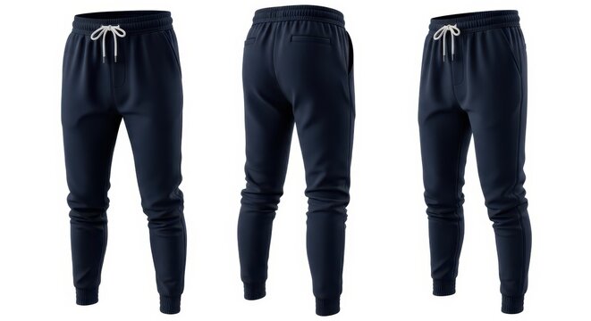Three views of dark navy blue jogger sweatpants on a clean white background