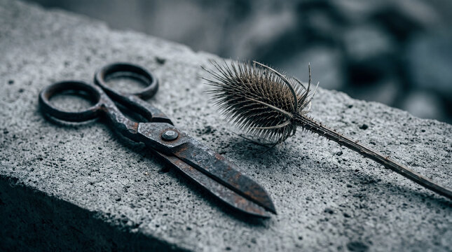 Antique forged iron scissors with dried wild teasel on concrete