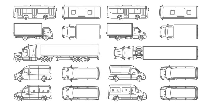 Technical line drawing of buses and cargo trucks in top and side views on stock art 