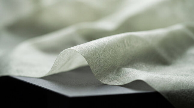 Frosted biodegradable algae bioplastic film draped on matte surface