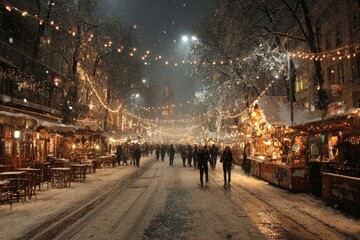 Obraz premium German Christmas Market Lights Snow Cozy Festive