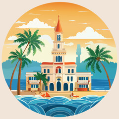 Obraz premium Coastal illustration of a building with palm trees and ocean scenery in a round frame