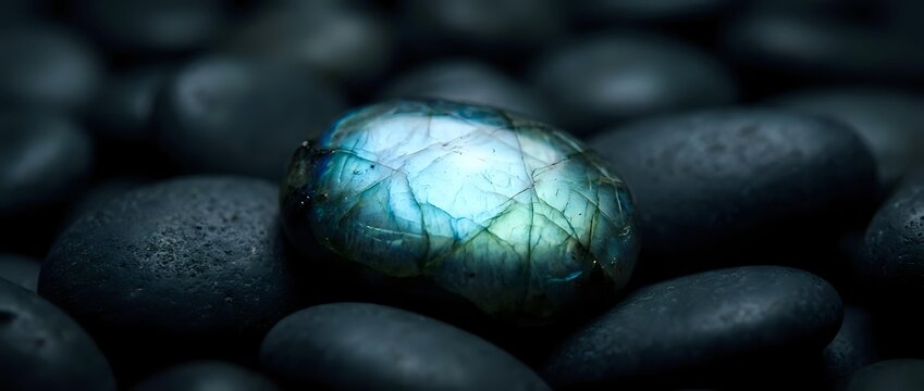 Glowing labradorite gemstone with blue-green iridescent flash surrounded by dark smooth river stones creating mystical mineral display for jewelry and healing concepts.