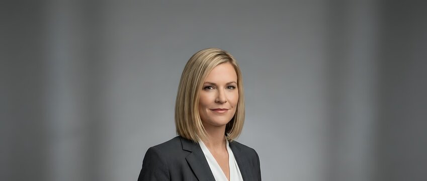 Confident Caucasian businesswoman in gray blazer posing for professional corporate headshot against neutral studio background.