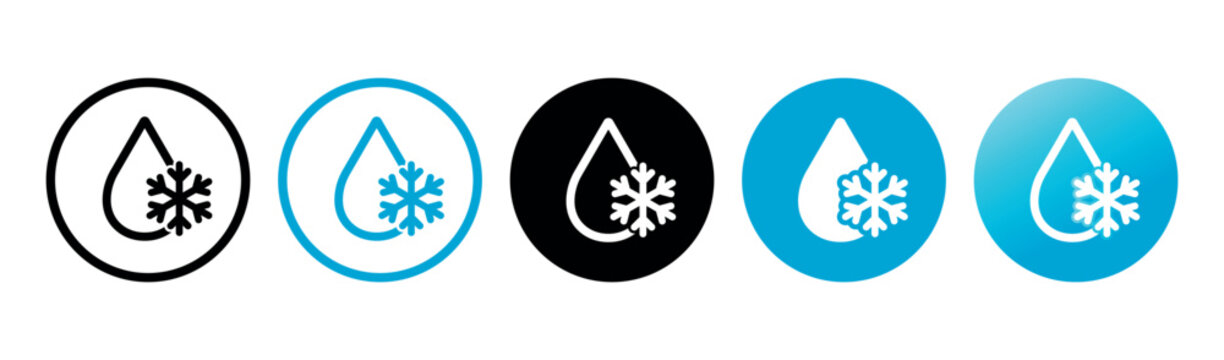Defrost Vector Icons Flat Collection on White Background. Frozen Snowflake and Drop Symbol on Line, Solid and Gradient Circle.