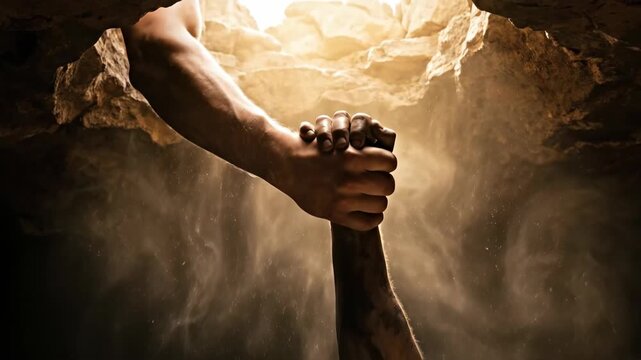 Man reaching out to save another hand emerging from dark cave. Jesus christ religious concept of divine rescue. Spiritual hope and salvation through helping grace.