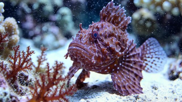Closeup of a camouflaged scorpionfish resting on a coral reef seabed.