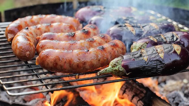 Delicious Sausages and Eggplants Grilling Over Open Flames.