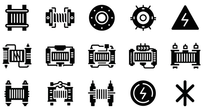 Set of black electrical transformer vector icons for industrial design