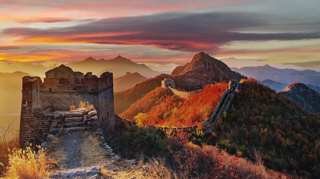 Time-lapse of the Great Wall at Huanghuacheng during autumn, capturing the changing light and colorful scenery with the morning sun rising over the mountains.
