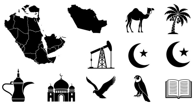 Collection of middle eastern cultural icons and regional map illustrations