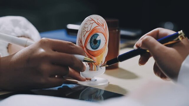 Diligent short-haired doctor holding poster with eye anatomy