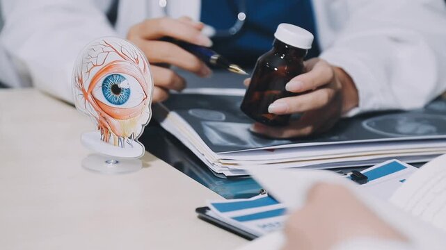 Diligent short-haired doctor holding poster with eye anatomy