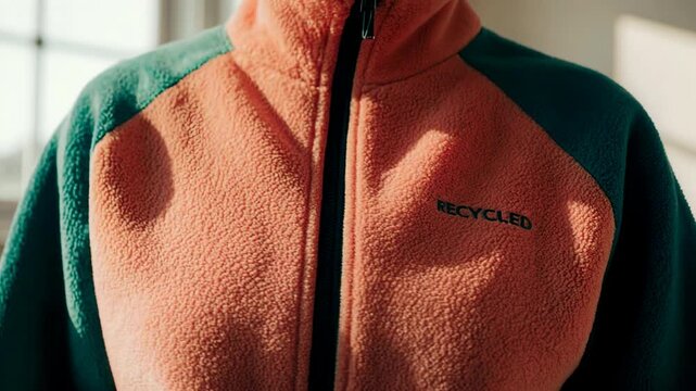 Close-up of a fleece jacket with the word recycled embroidered on the chest. Sustainable fashion and eco-friendly clothing concept