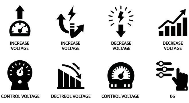 Collection of vector illustrations representing electrical voltage adjustments and controls