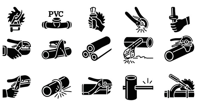 Plumbing pipe installation and repair tools vector illustration set
