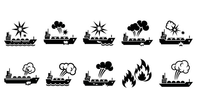 Ship damage vector illustration set with explosions and fire icons