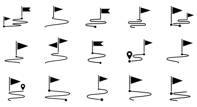 Set of black destination flag icons for mapping route paths