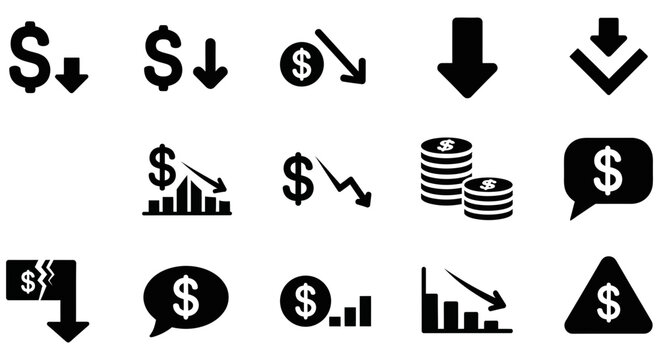 Collection of various financial decline and currency loss vector icons