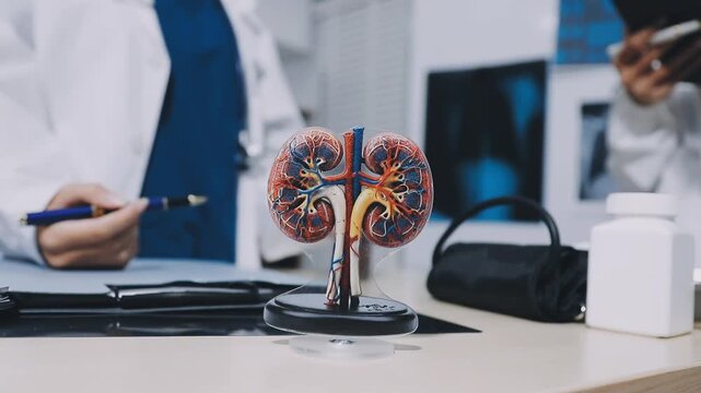 Doctor and patient discussing kidney function test results on a tablet, [chronic kidney disease], [medical monitoring]