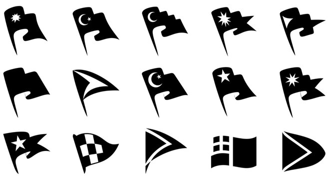 Flags collection features various geometric shapes and star symbols in a bold black and white vector format.