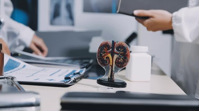 Doctor and patient discussing kidney function test results on a tablet, [chronic kidney disease], [medical monitoring]