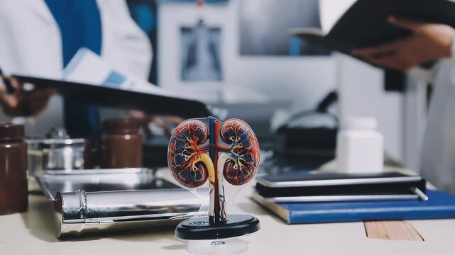 Doctor and patient discussing kidney function test results on a tablet, [chronic kidney disease], [medical monitoring]