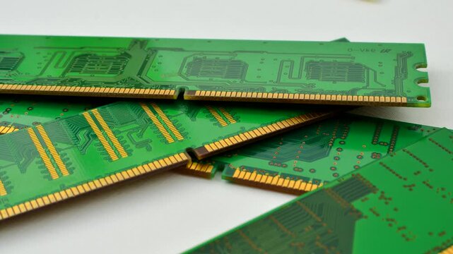 Fascinating detail of computer RAM, with shiny chips ready to accelerate performance. Impressive close-up of RAM memory, revealing its intricate architecture and computing power.