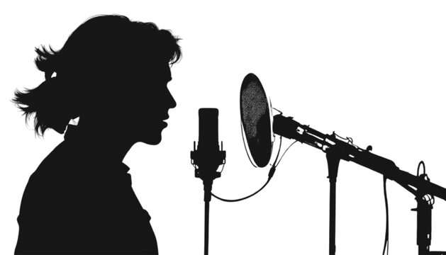 Woman records audio using a professional microphone and pop filter in a studio setting.