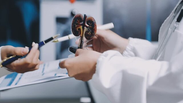 Doctor and patient discussing kidney function test results on a tablet, [chronic kidney disease], [medical monitoring]