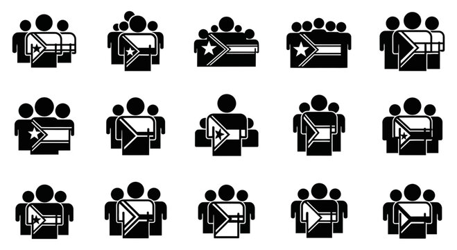 Black vector icons showing groups of people with national flags