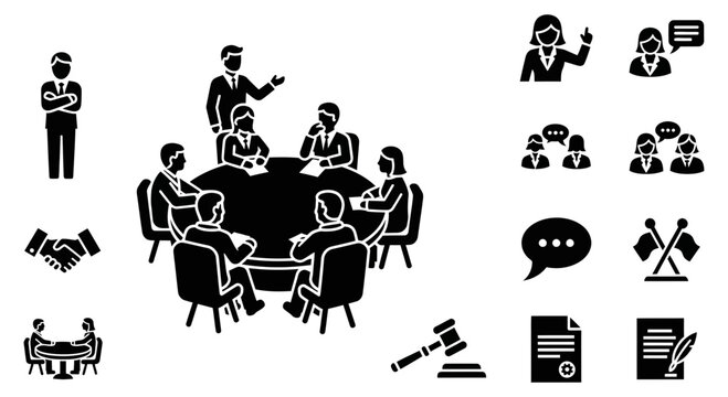 Business people meeting at a round table vector graphic icons