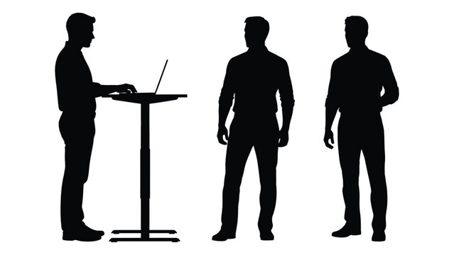 Silhouettes of men in various poses including one using a laptop