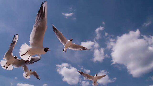 Flock of Seagulls in the Blue Sky. A flock of seagulls chaotic rushes for the camera on a background of blue sky and white clouds
